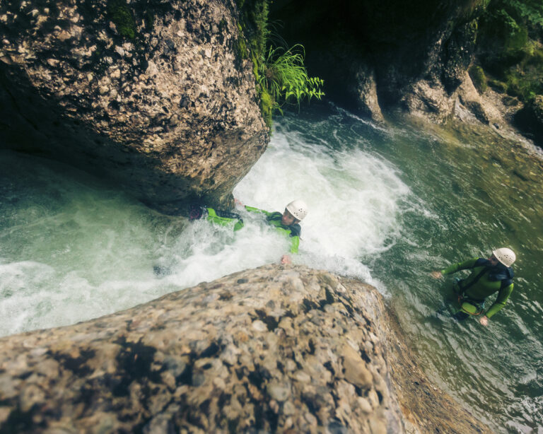 Germany, Bavaria, Allgaeu, couple canyoning in Ostertal