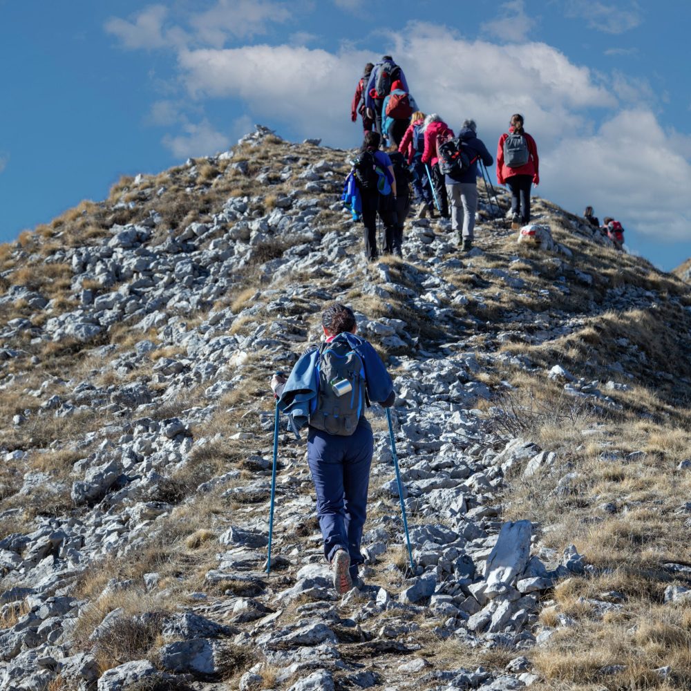 Group of hikers walk on the mountain path, helping themselves up the climb with trekking poles.