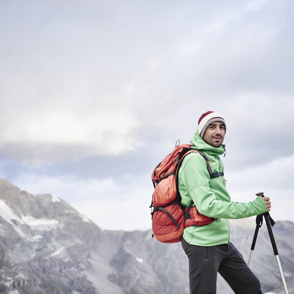 Portrait of hiker in cold conditions, Mont Cervin, Matterhorn, Valais, Switzerland